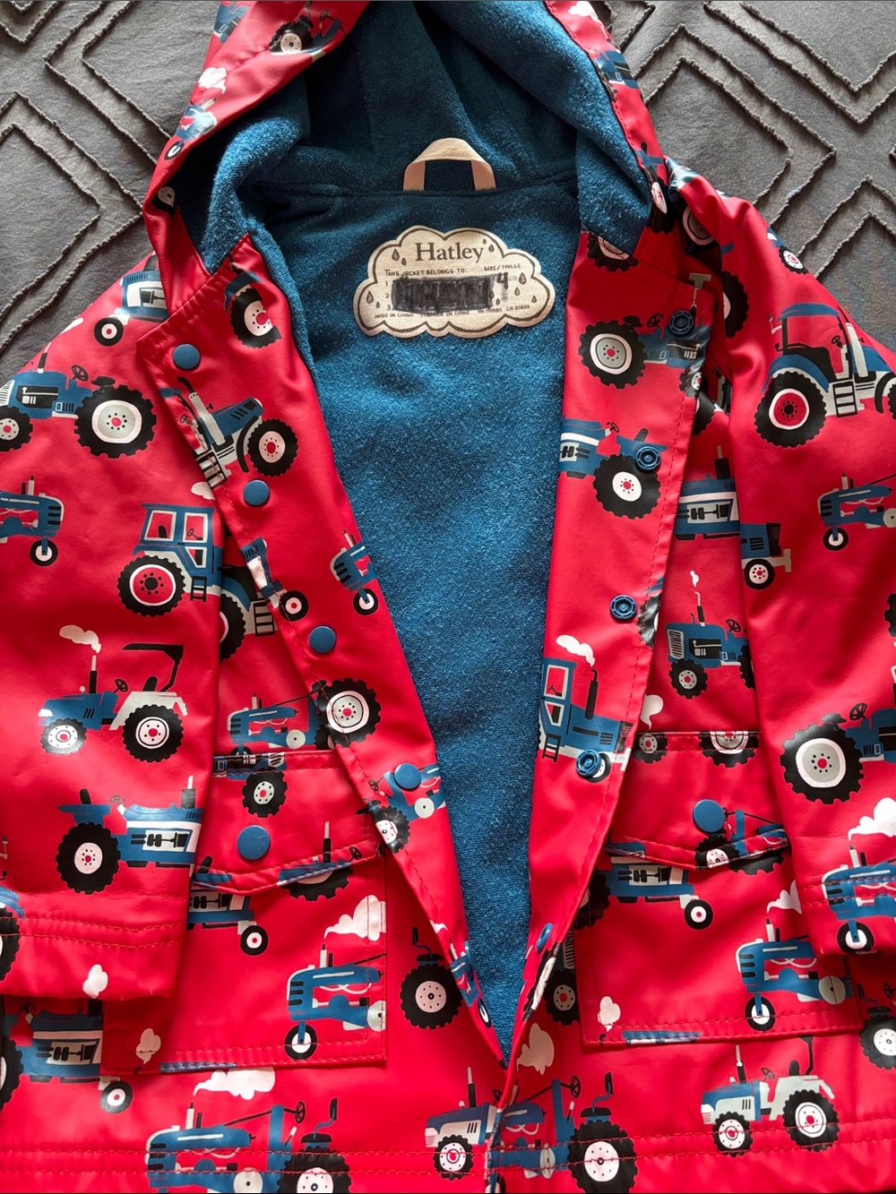 Hatley Red Raincoat with Blue Tractor Print